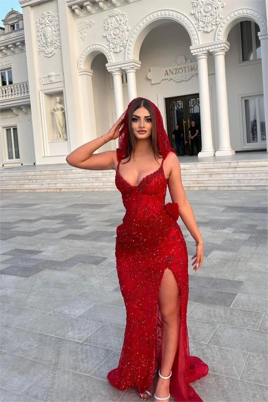 Classic Red Spaghetti Straps V Neck Sequins Prom Dress with Split