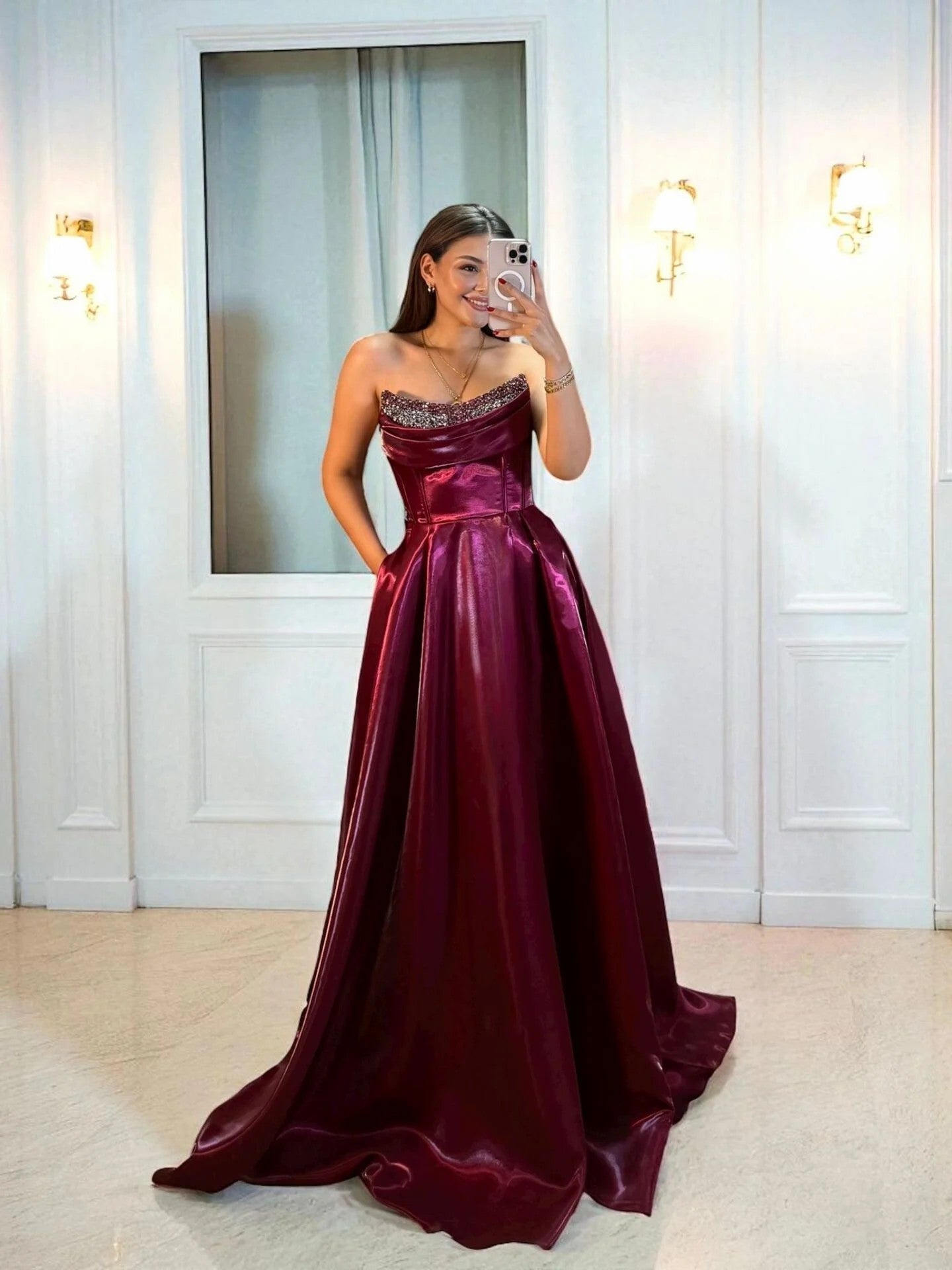 Shiny Satin Beaded Corset Formal Evening Gown