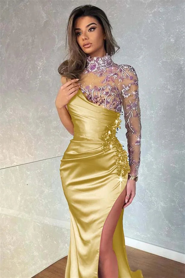 Dark Purple Split Appliques Mermaid High Collar Evening Dress