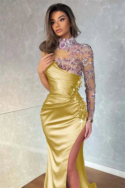 Dark Purple Split Appliques Mermaid High Collar Evening Dress