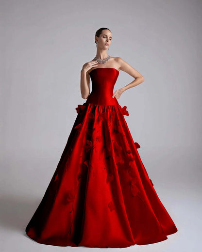 Strapless Sleeveless Long A-Line Prom Dress With Flower Appliqués And Beadings