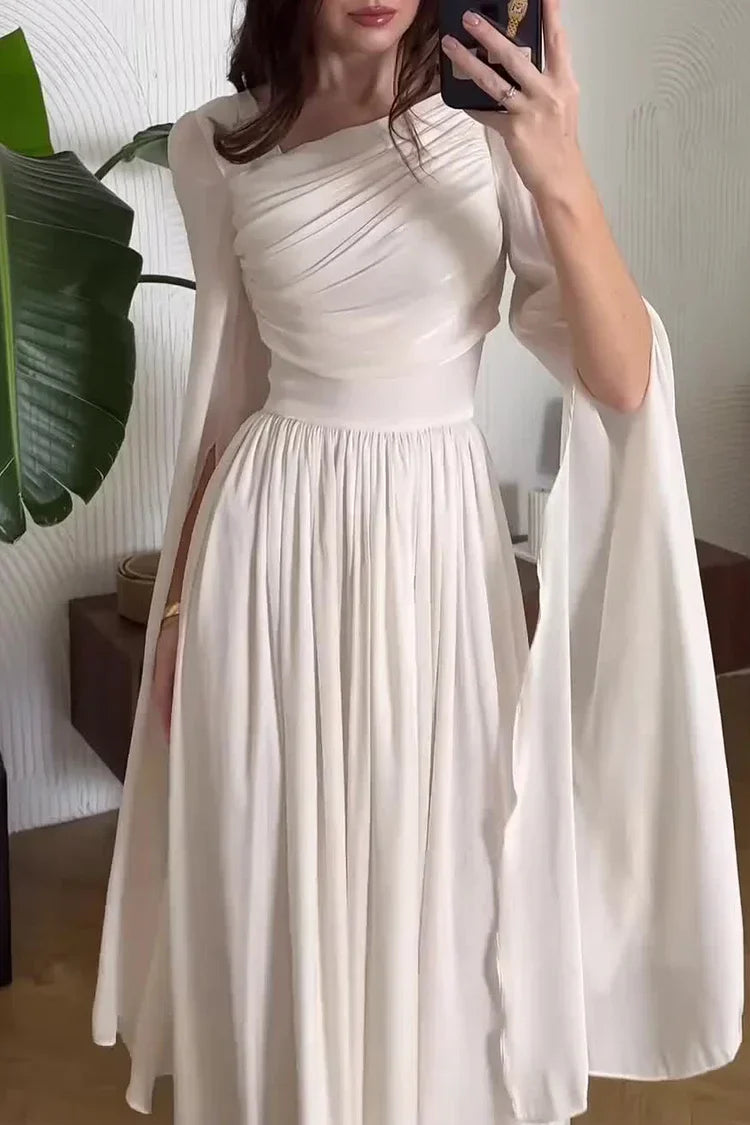 Ruched Irregular Neck Slit Long Sleeve Lace Up Cinch Waist Party Maxi Dresses