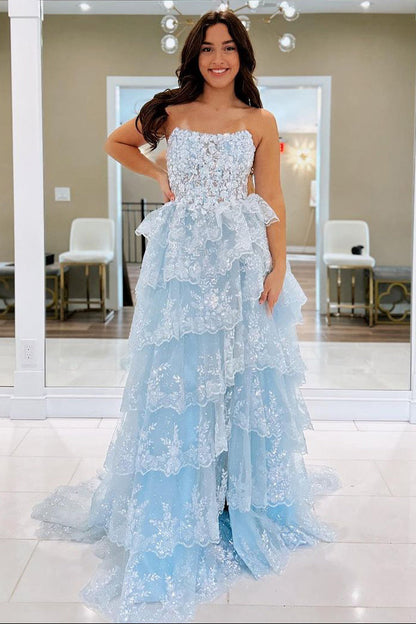 Light Blue Strapless Ruffle Sequin Lace Prom Dress