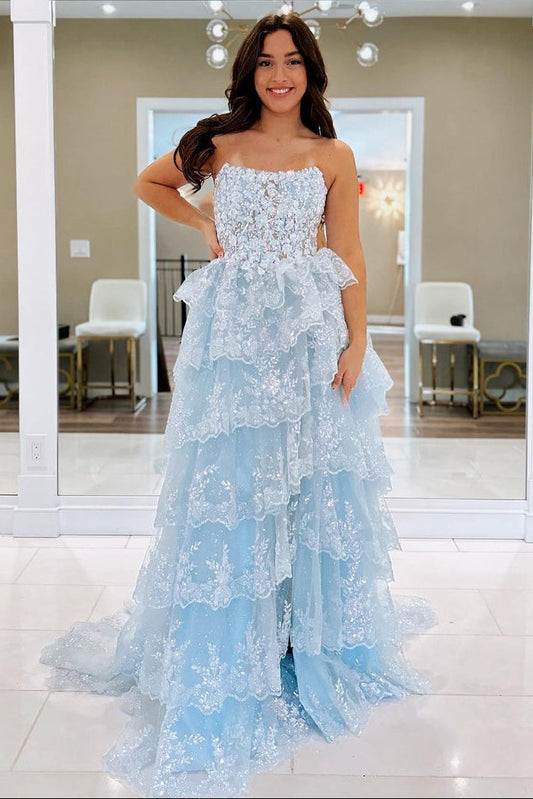 Light Blue Strapless Ruffle Sequin Lace Prom Dress