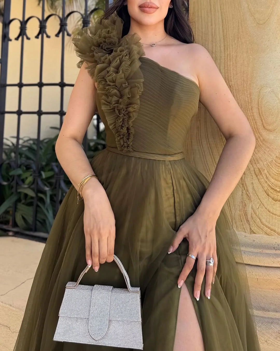 Olive Green Split One-Shoulder Tulle Summer Prom Dress ZT0706