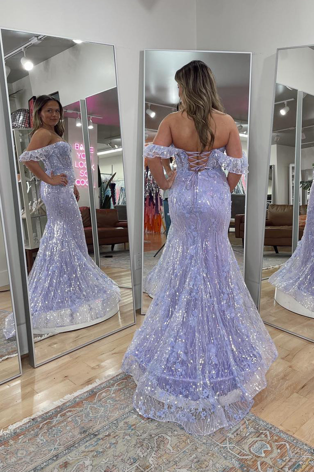 Mermaid Off the Shoulder Lavender Sequin Lace Prom Dress