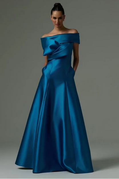 Off the Shoulder Sleeveless Long Prom Dress With Pleated Pocket