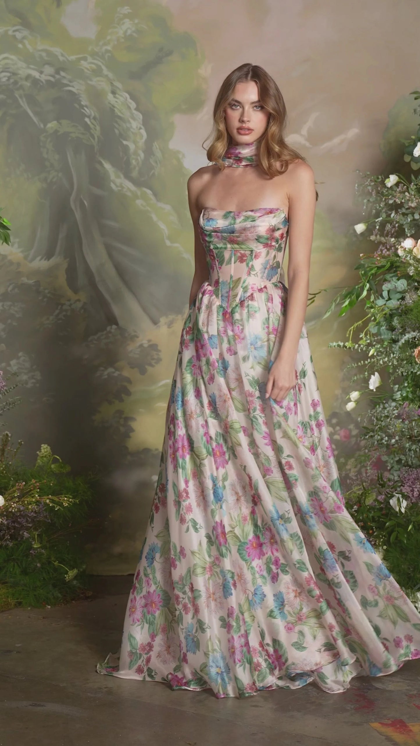 Fashion Flowers Floral Print Sleeveless A-Line Prom Dress Lace UP