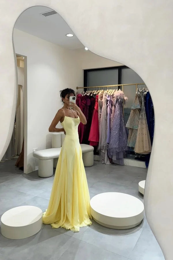 Light Yellow Spaghetti Straps Chiffon Stitching Semi-formal Summer Prom Dress