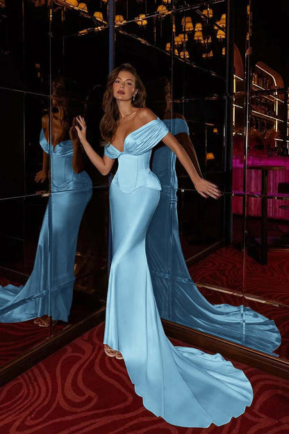 Off the Shoulder Sleeveless Long Mermaid Evening Formal Dress With Pleated