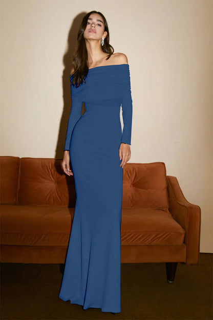 Strapless Long Sleeves Long Pleated Mermaid Prom Dress