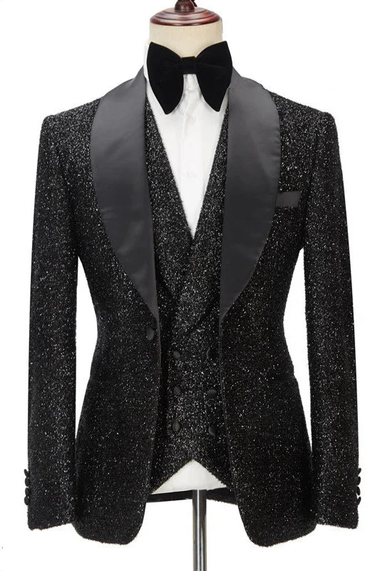 Popular Black 3 Pieces With Sparkly  Shawl Lapel Groomsmen Tuxedos