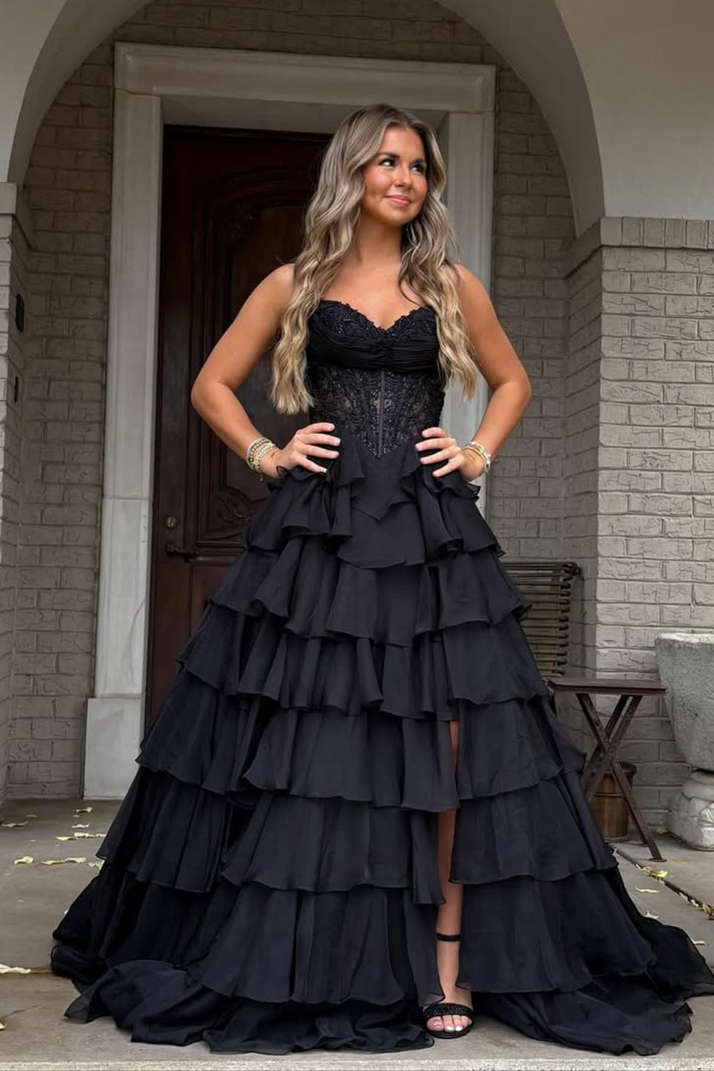 Gorgeous A Line Sweetheart Neck Black Chiffon Tiered Prom Dress