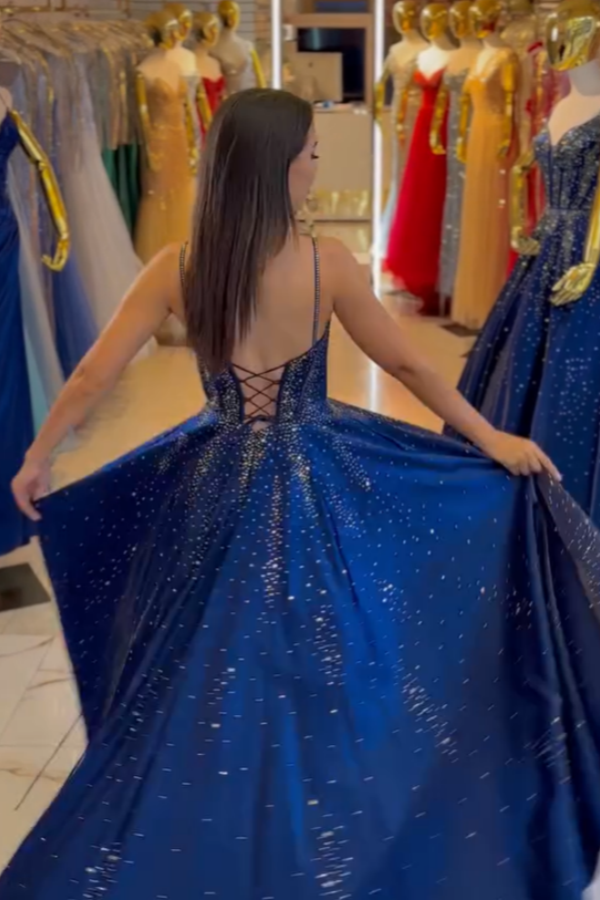 Navy Blue Spaghetti-Straps Beaded Long Prom Dress