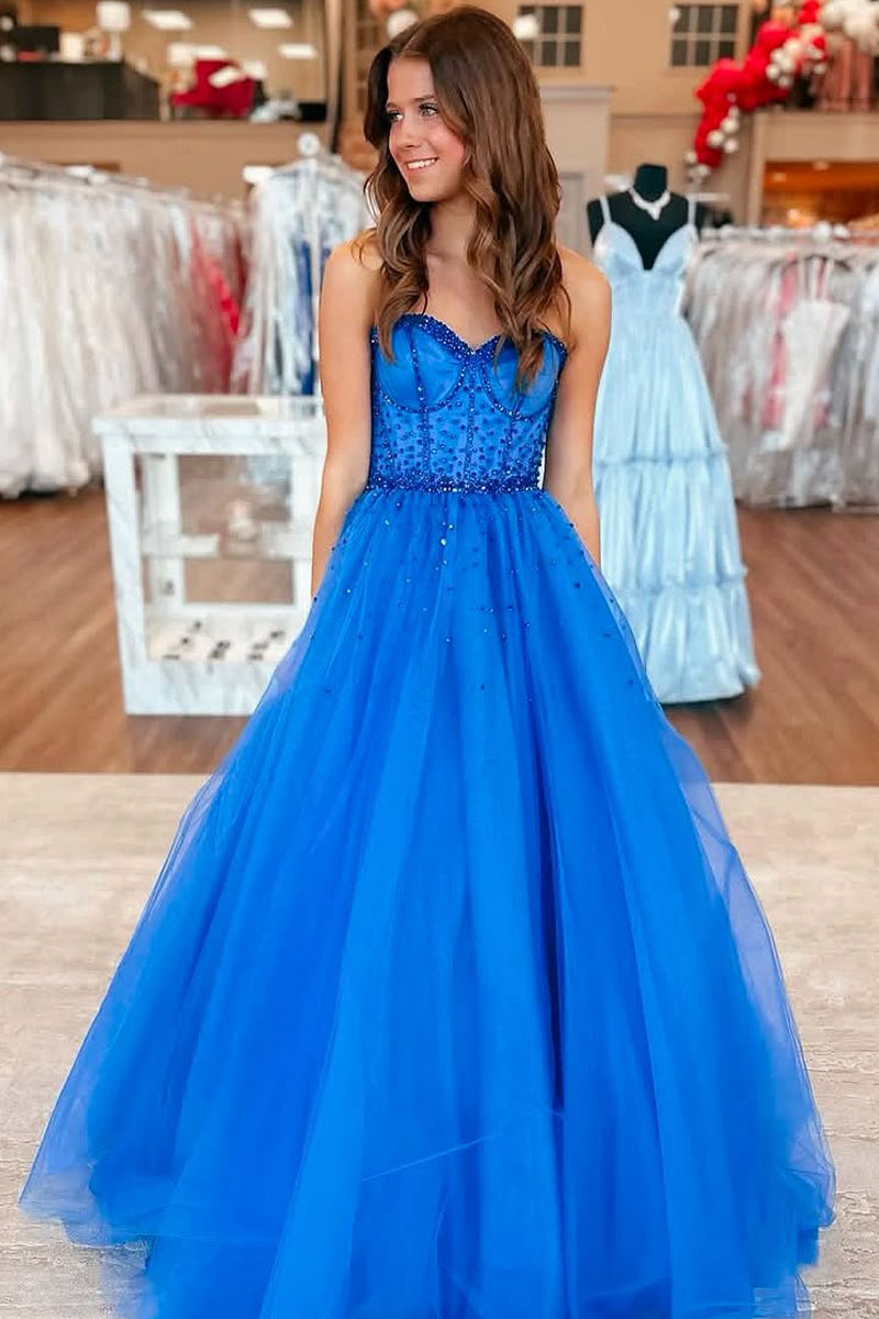 Cute A Line Sweetheart Royal Blue Tulle Prom Dress