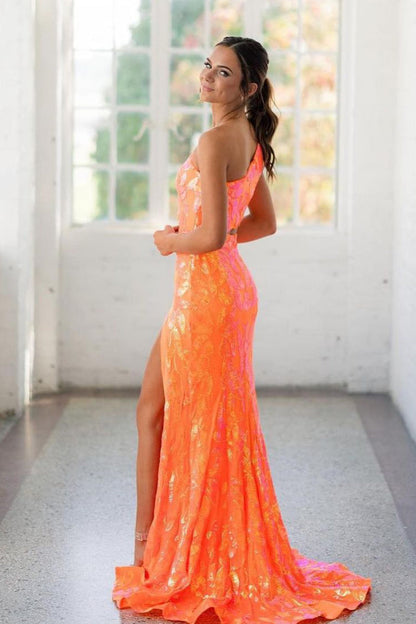 Sparkly Mermaid One Shoulder Orange Sequins Long Prom Dresses
