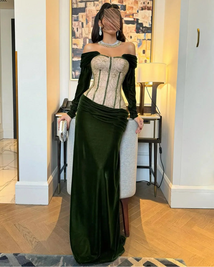 Noble Dark Green Off-The-Shoulder Long Sleeveless Evening Dress