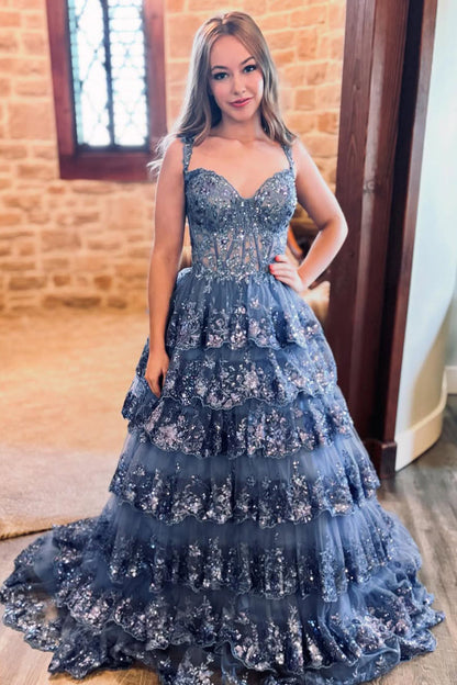 Gogeous A Line Sweetheart Navy Tulle Sequins Prom Dress