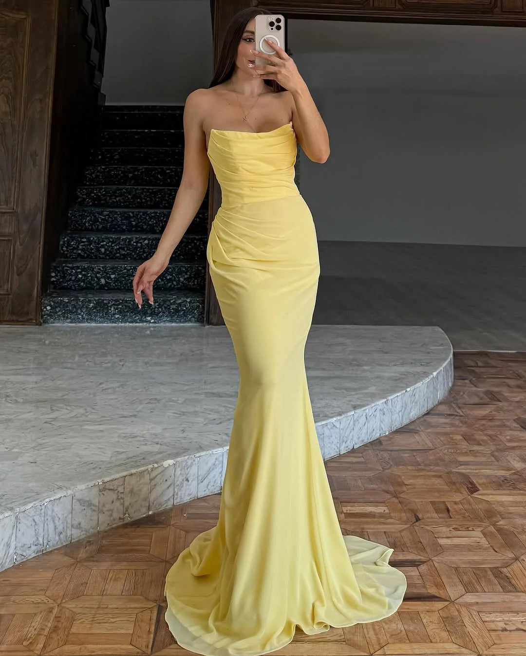 Elegant Yellow Chiffon Mermaid Long Prom Dress