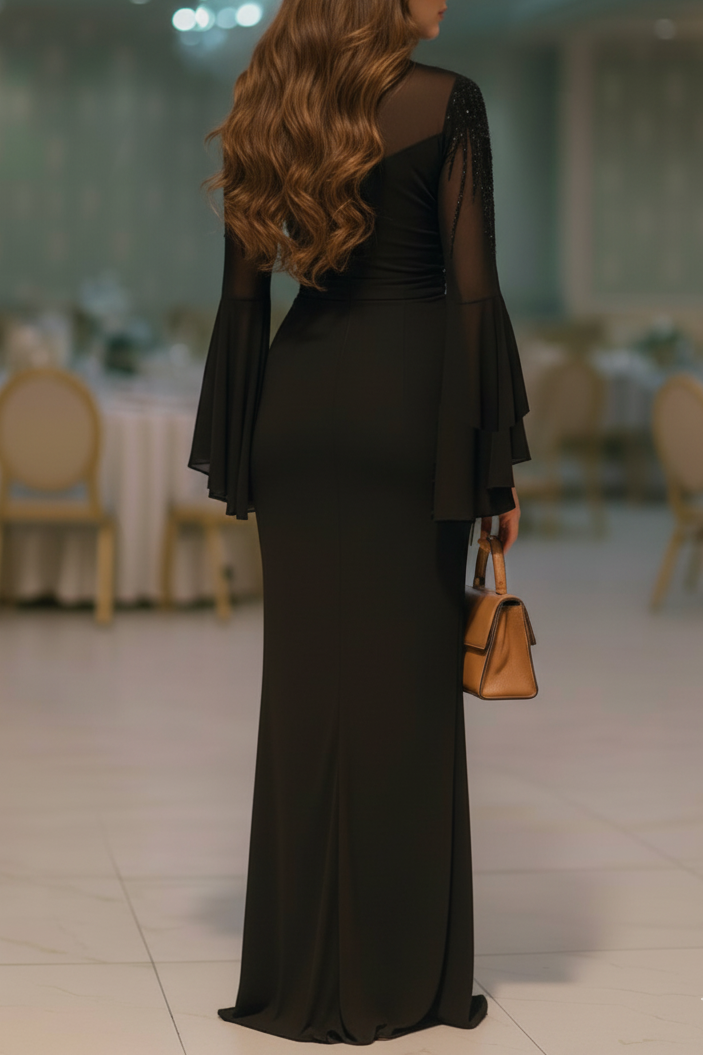 Sequin Embroidery Flare Sleeve Ruched Party Maxi Dresses