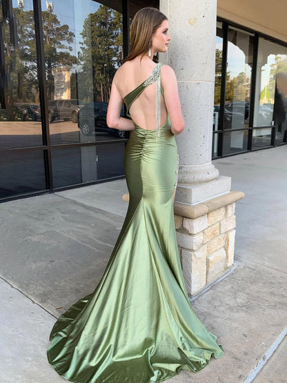 One-Strap Sleeveless Beaded Slit Party Gowns Mermaid Prom Dress
