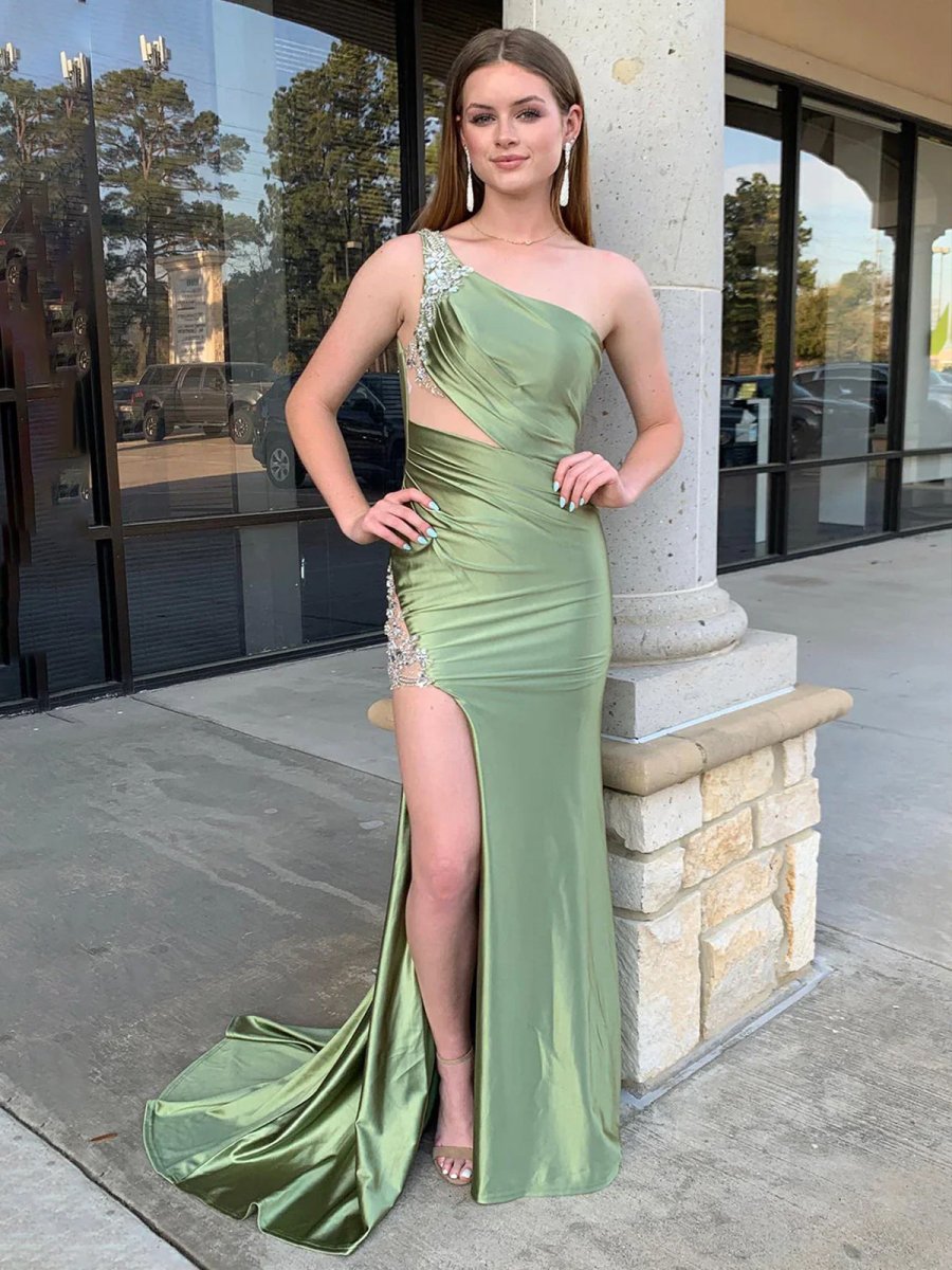 One-Strap Sleeveless Beaded Slit Party Gowns Mermaid Prom Dress
