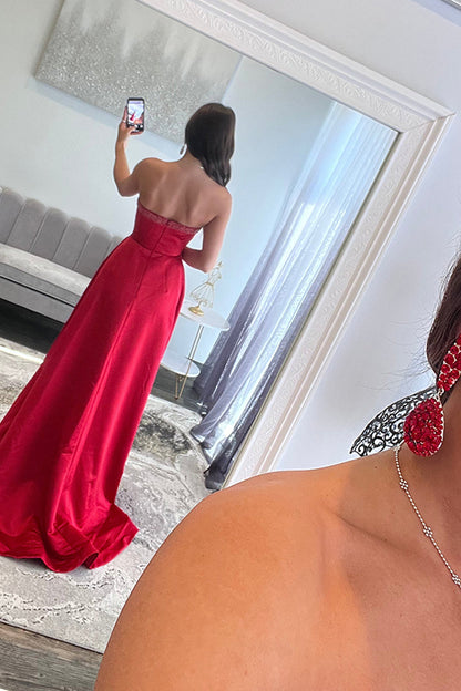 A-Line Sweetheart Keyholes Red Satin Long Prom Dress