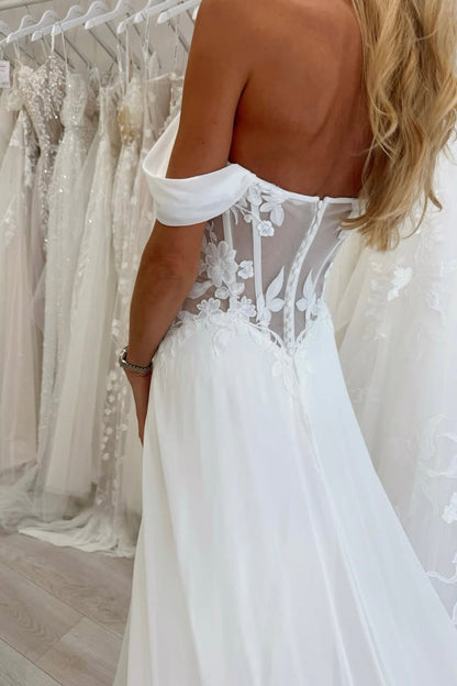 A Line Off the Shoulder Chiffon Beach Wedding Dress