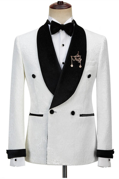 Jacquard Shawl Lapel Reception Suit Double Breasted White Sparkle For Men