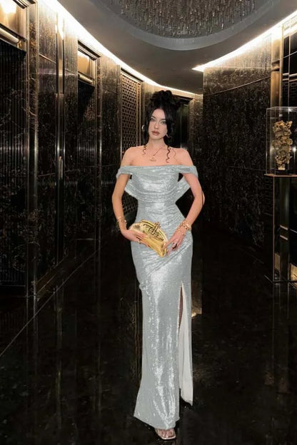 Champagne Solid Sequins Split Prom Dress