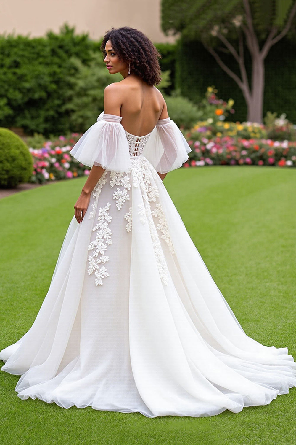 Ruffles Sleeves Off-the-Shoulder Princess Tulle Wedding Dress