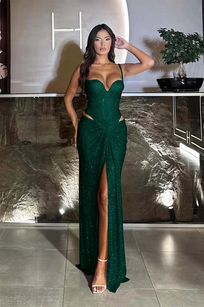 Red Gorgeous Split Sequins Spaghetti-Straps Prom Dress