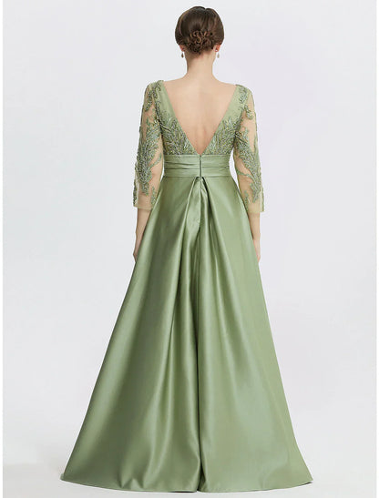 A-Line Evening Gown Elegant Dress Formal Sleeve Jewel Neck Satin with Slit