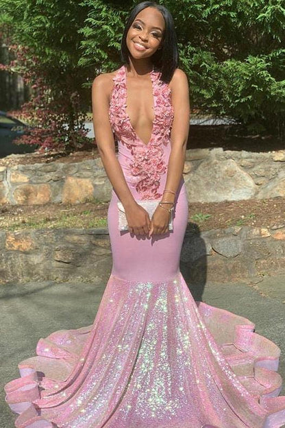 Alluring Halter Applique Glittering Sequins Prom Dress