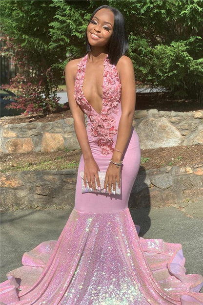 Alluring Halter Applique Glittering Sequins Prom Dress