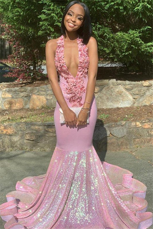 Alluring Halter Applique Glittering Sequins Prom Dress
