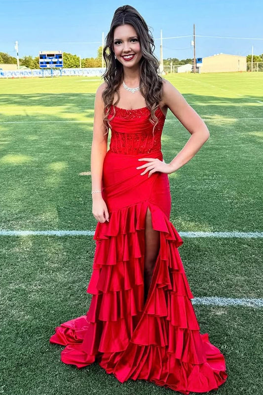 Scoop-Neck Sleeveless Sequined Beaded Satin Tiered Mermaid Prom Dress