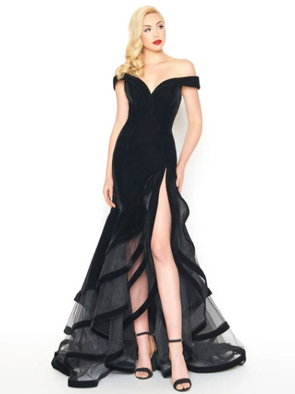 Amazing Evening Dress Mermaid Off-The-Shoulder Ruffles Formal Split Party Dress
