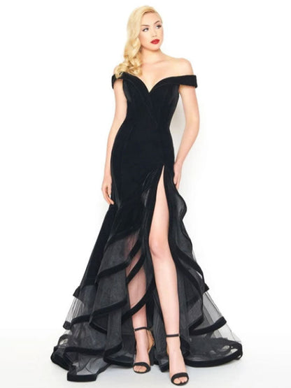 Amazing Evening Dress Mermaid Off-The-Shoulder Ruffles Formal Split Party Dress