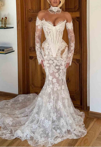 Sheer Court Train Off the Shoulder Lace Corset Mermaid Wedding Dresses