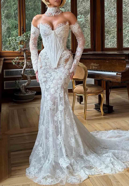 Sheer Court Train Off the Shoulder Lace Corset Mermaid Wedding Dresses
