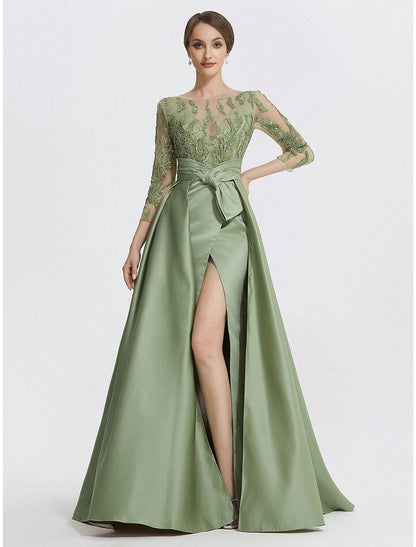 A-Line Evening Gown Elegant Dress Formal Sleeve Jewel Neck Satin with Slit