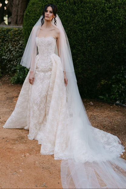 Attractive Long White Strapless Ball Gown Lace Wedding Dress