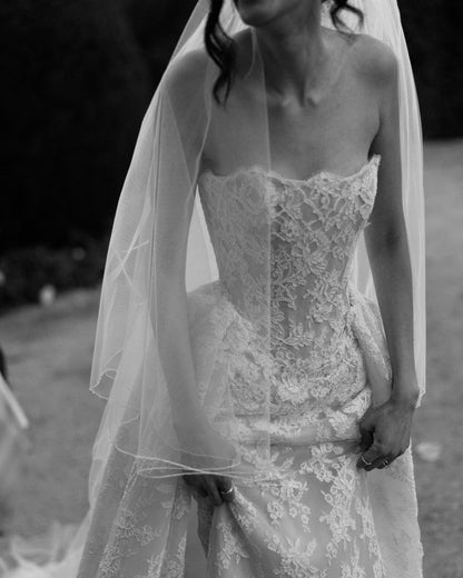 Attractive Long White Strapless Ball Gown Lace Wedding Dress