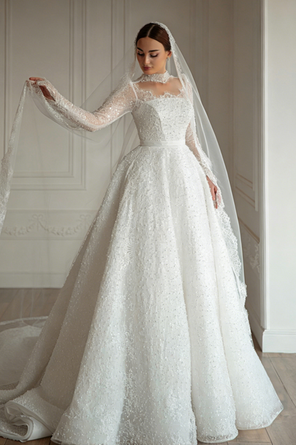 High-Neck Beaded Long Sleeve Ball Gown Wedding Dress