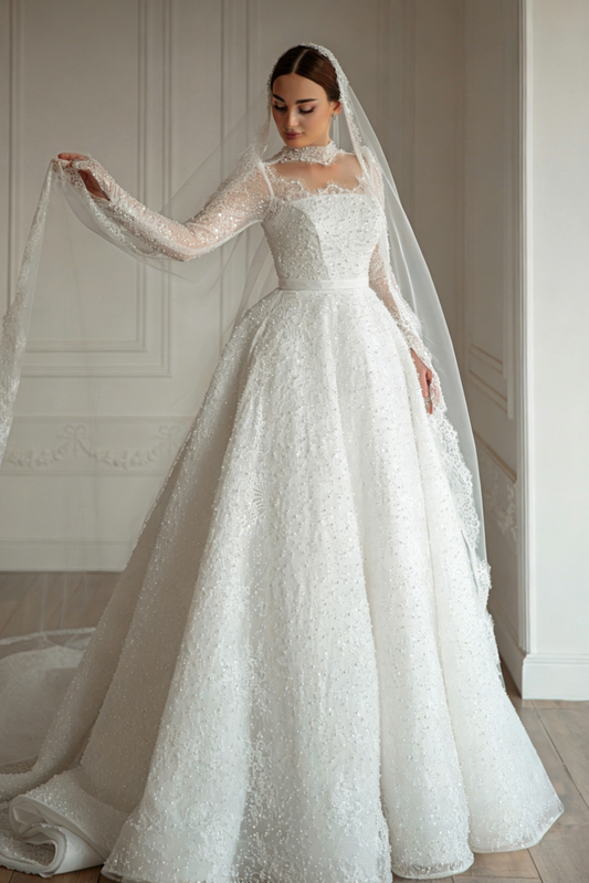 High-Neck Beaded Long Sleeve Ball Gown Wedding Dress