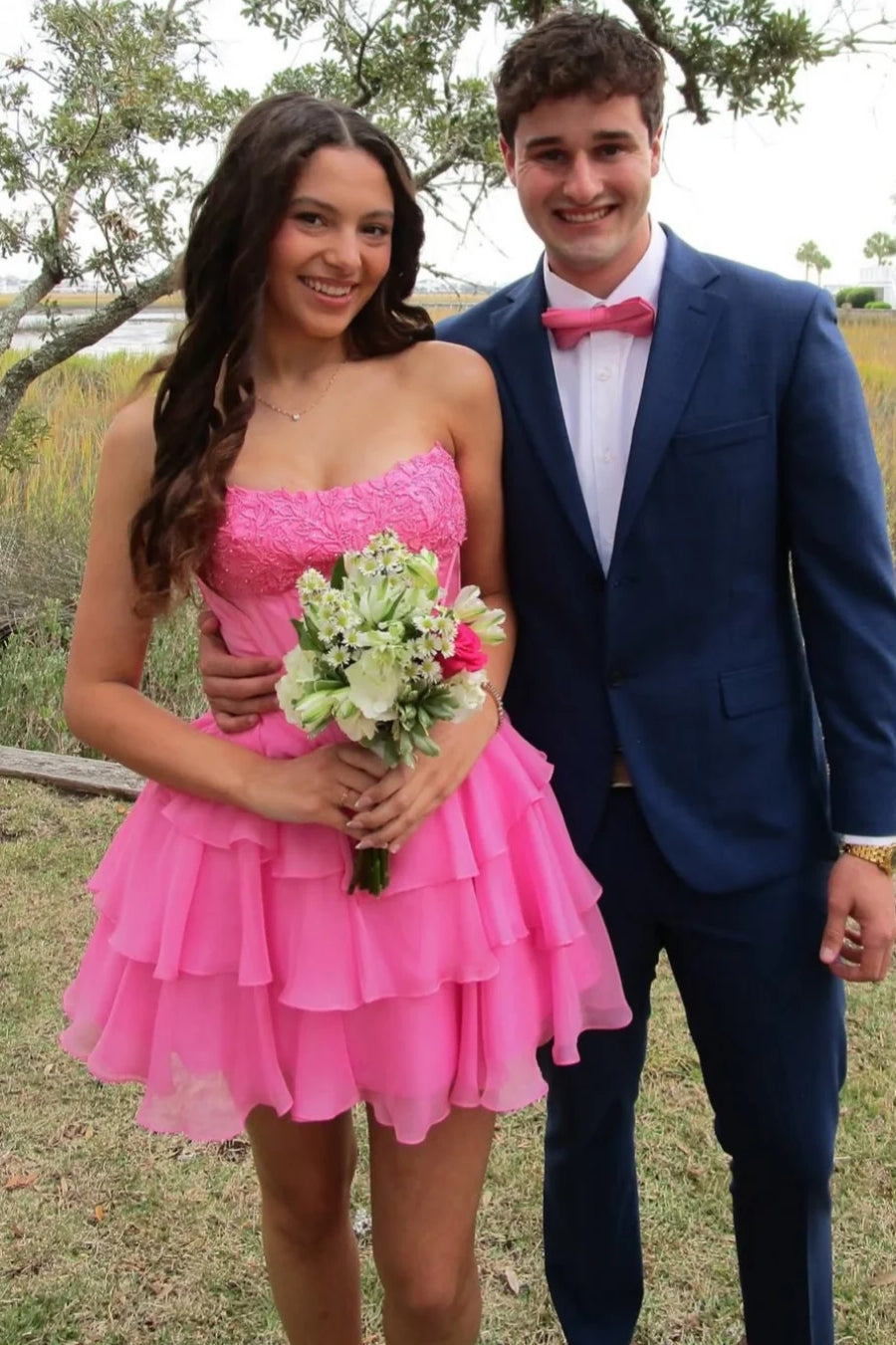 Tiered Ruffled Chiffon Strapless Corset Dress