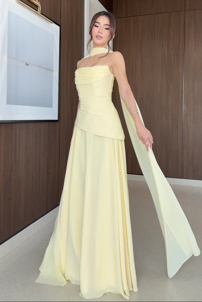 Strapless A-Line Gown with Neck Scarf