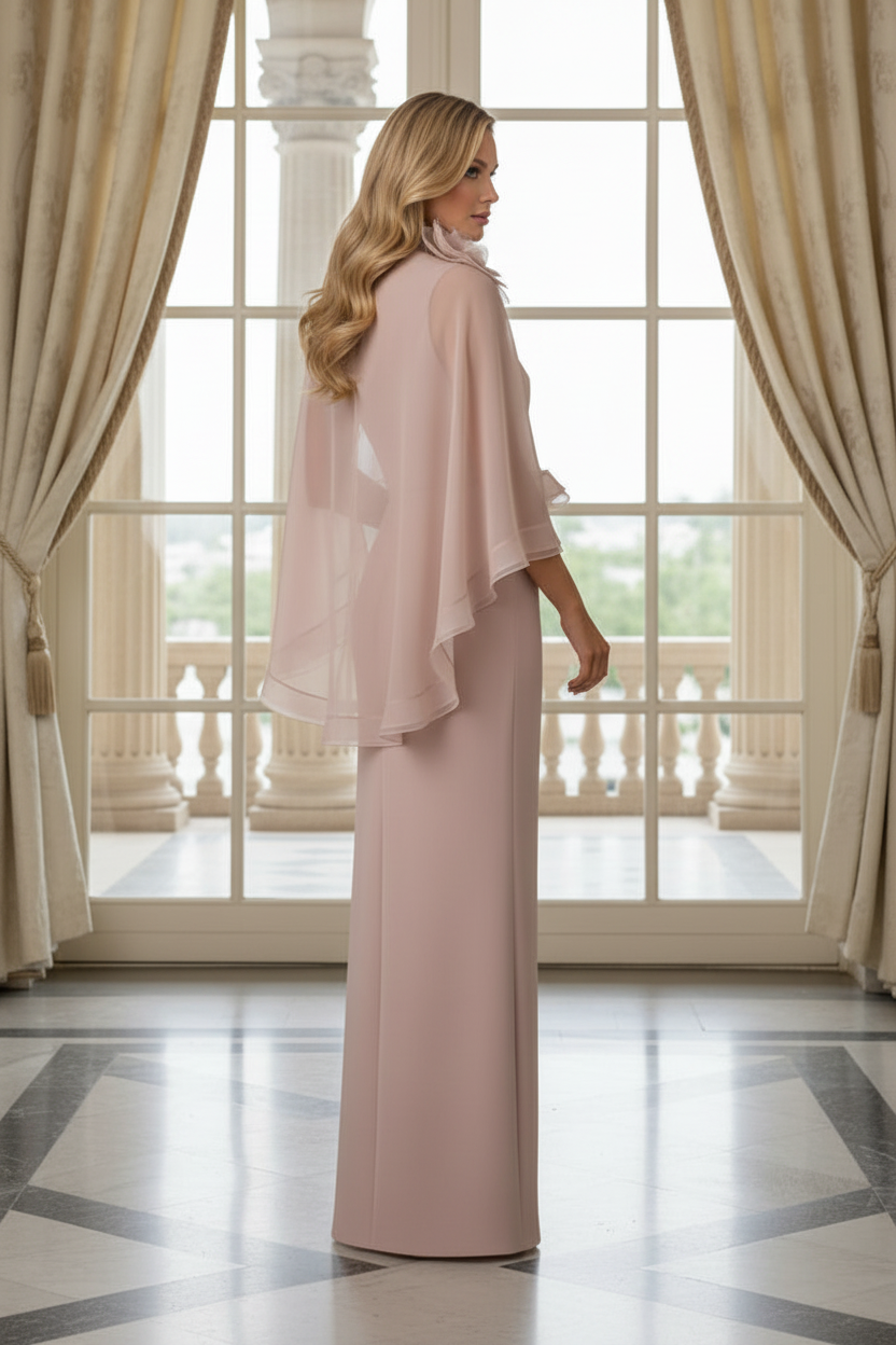 Sheath Evening Gown with Sheer Floral Cape
