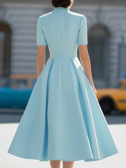 High Neck Short Sleeve Pleated Midi Dress